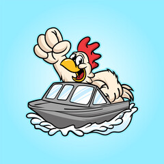 Chicken Boat Cartoon Character Illustration Vector Logo