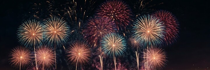 Naklejka premium Abstract colored fireworks background with beautiful fireworks lighting up the night sky. Bokeh effect festival Celebrate the Holidays 