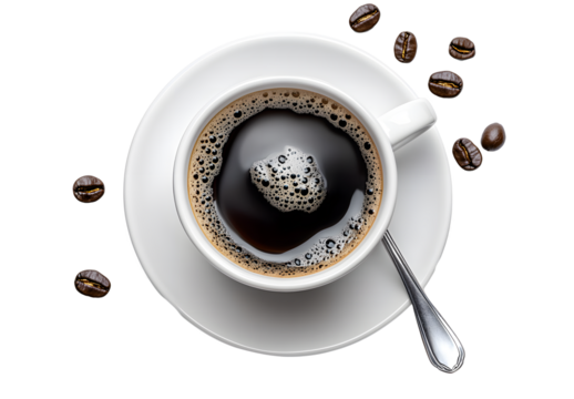 Looking down onto a hot freshly made cup of black coffee in a white cup and saucer with silver spoon and coffee beans isolated against a transparent background.