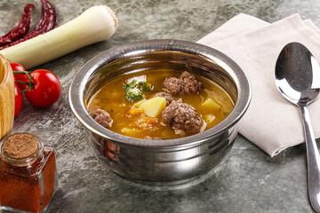 Soup with beef meatball and vegetables