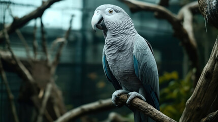 Obraz premium Close-up of a gray parrot with blue-tinted feathers perched on a branch in a naturalistic indoor setting.