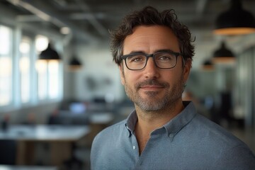 Obraz premium A Confident Man in Glasses, Smiling, in an Office Setting