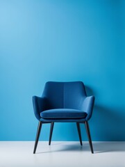 Modern blue chair against blue background. Minimalistic studio furniture vertical photography
