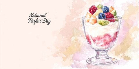 Watercolor style illustration of a fruit parfait with berries and cream for National Parfait Day on soft pastel background.