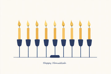 Minimalist illustration of a Hanukkah menorah with nine lit candles and "Happy Hanukkah" text below.