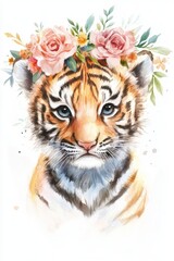 Obraz premium Charming portrait of a baby tiger adorned with a floral crown in a soft watercolor style. Generative AI