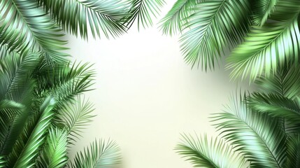 A vibrant display of lush green palm leaves framing a soft, neutral background.