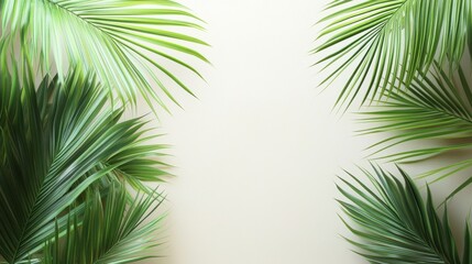 Obraz premium Lush green palm leaves create a vibrant frame against a soft beige background, adding a refreshing touch.
