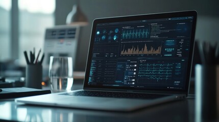 High-resolution laptop on a modern desk displaying secure medical data interface with patient health metrics, visualized graphs, and data security icons for encryption, in a contemporary workspace.