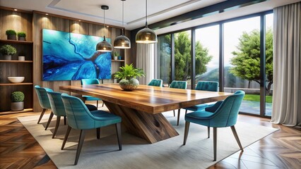 Fototapeta premium A modern dining room showcasing a live edge wooden table infused with blue epoxy resin, perfect for enhancing