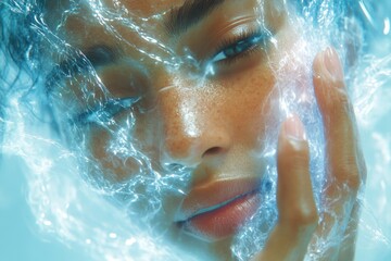 Fototapeta premium Close-up of a Woman's Face Partially Submerged in Water