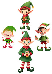 Fototapeta premium A set of cheerful Christmas elves in festive green and red outfits, holding holiday props like toys and bells. Perfect for Christmas-themed designs, cards, and decorations.