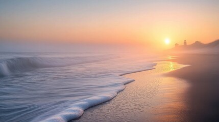 A serene sunset over a tranquil beach, with soft waves gently lapping at the shore and a lighthouse in the background.