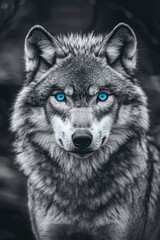 Fototapeta premium Captivating black and white portrait of a wolf with striking blue eyes, showcasing the beauty of wildlife in its natural habitat. Generative AI
