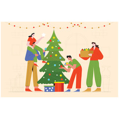 chritsmas tree with gifts people celebration illustration vector