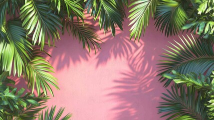 Lush green palm leaves frame a vibrant pink wall, creating a tropical and inviting atmosphere.