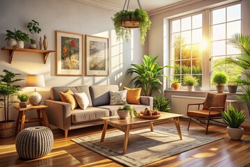 Fototapeta premium Bohemian Living Room Mockup - Cozy Afternoon Sunlight