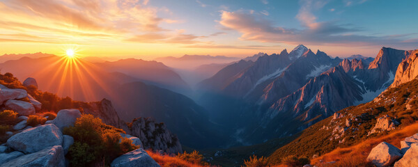 A breathtaking panoramic view of mountains at sunrise, showcasing vibrant colors and dramatic lighting, capturing the essence of nature for travel.