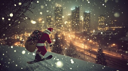 Adventurous Santa Claus Snowboarding Through a Festive Cityscape at Night, Surrounded by Flurries and Twinkling City Lights in a Magical Winter Wonderland