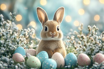 A Cute Easter Bunny Surrounded by Colorful Eggs and White Flowers