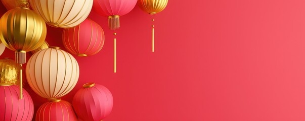 Red and Gold Lanterns on Red Background.