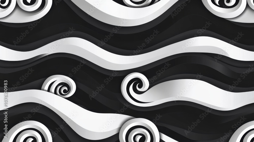 Poster abstract black and white paper waves with swirling patterns, creating a dynamic and modern artistic 