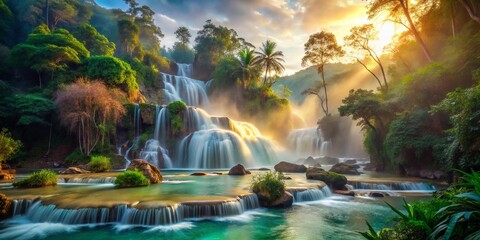 Fototapeta premium Double Exposure Waterfall Luang Prabang Laos, Mystical Waterfalls, Nature Photography, Kouangxi Falls