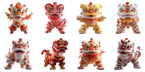 Lion dance white background png transparent lunar newyear concept using for decoration.