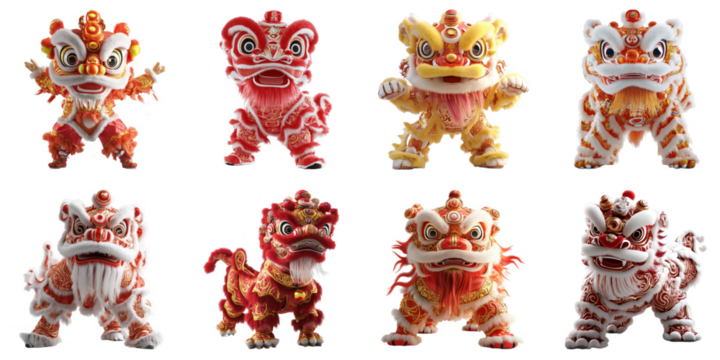 Lion dance white background png transparent lunar newyear concept using for decoration.