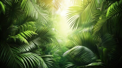 Lush tropical jungle with vibrant green palm leaves and soft sunlight streaming through, creating a serene atmosphere.