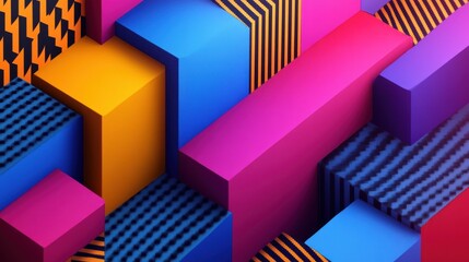 Fototapeta premium Vividly colored geometric shapes create a vibrant abstract backdrop, blending shades of blue, pink, yellow, and black.