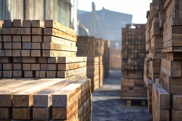 Seasoned pine boards stacked at a sawmill, showcasing wooden materials ideal for construction and carpentry in a realistic, rustic setting