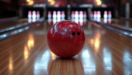 A Red Bowling Ball on a Polished Wooden Lane