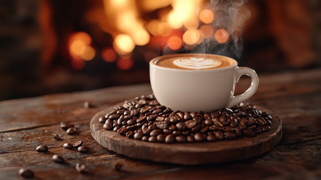 Steaming Latte with Coffee Beans and a Cozy Fireplace Background