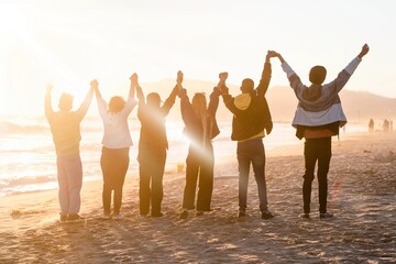 Freedom background, community of people by the beach