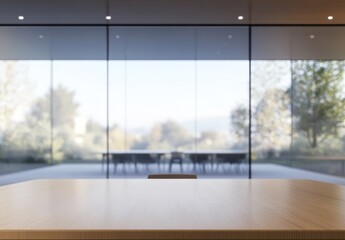 Fototapeta premium Wooden Tabletop with Blurred View of an Outdoor Patio Through Large Windows