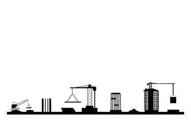 Black silhouette of a construction buildings site and tower crane isolated on white background.