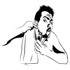 funny guy shaving in the bathroom, cool minimalist style, humor