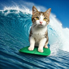 Sweet dreams. Creative art collage with funny cat surfing on surfboard on huge wave in ocean or sea. Concept of fashion, animal, care, love and sport, adventures. Poster for ad, text. High quality