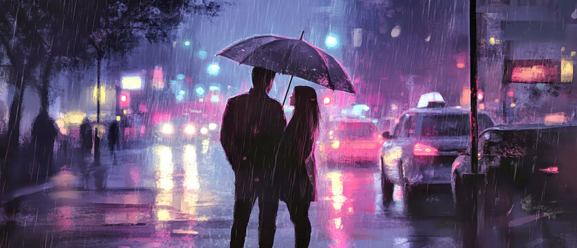 Couple standing under an umbrella in the rain on a city street at night, illuminated by soft pink and blue lights in a digital art style - Powered by Adobe