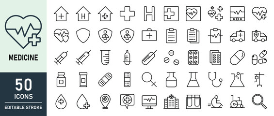 A collection of 50 minimalist medicine icons with editable strokes, featuring medical tools, healthcare symbols, hospitals, pills, and lab equipment, ideal for medical apps, websites, and health-relat