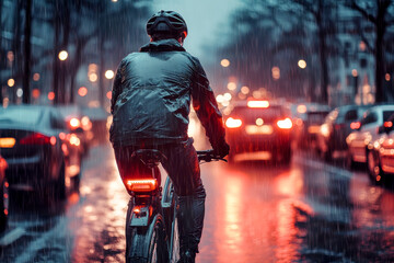 A cyclist rides through rain on a wet city street at night, surrounded by bright car lights, capturing the essence of urban cycling in challenging weather