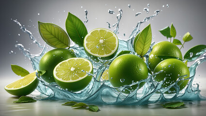 Water splashes around several limes and lemons, some with leaves. Fresh citrus fruits.