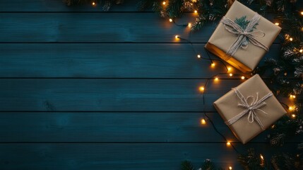 Eerie christmas gift box with dimly lit christmas lights on rustic wooden background, creating a spooky holiday aesthetic for mysterious winter-themed designs