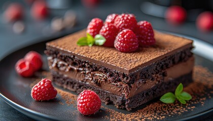 Chocolate Cake with Raspberry Garnish and Cocoa Powder