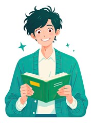 Obraz premium Cute Icon of a Young Man Reading a Book, Simple Flat Style Design with Minimal Lines and Soft Colors on White Background