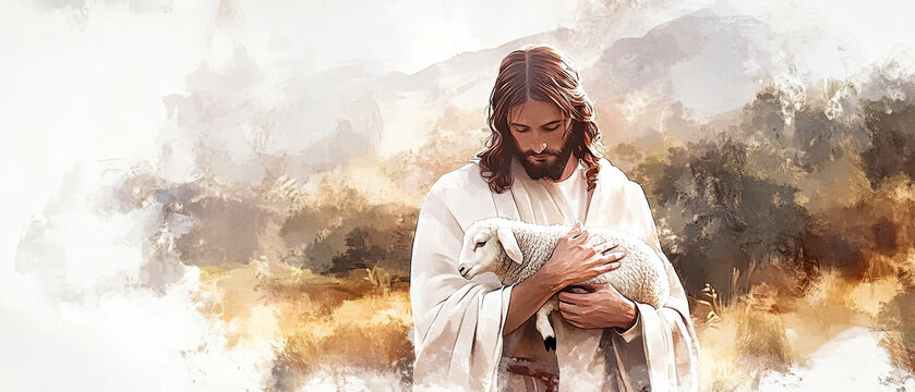 Jesus Christ holding a lamb in a serene landscape with soft lighting, showcasing detailed watercolor artistry and realistic style