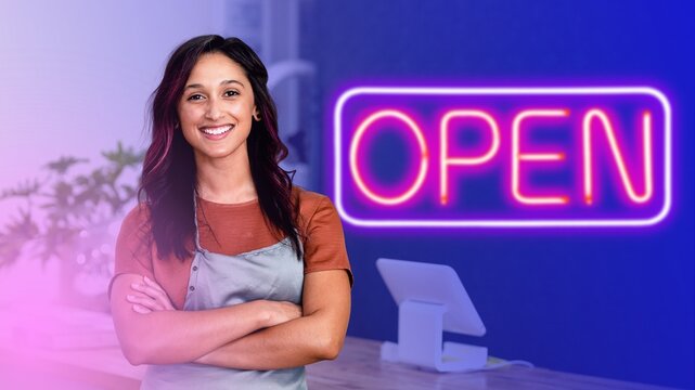Smiling female small business owner at a cash register - Powered by Adobe