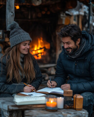 Family writing New Year's resolutions together around a cozy fireplace, reflecting on goals for the new year, with notebooks, candles, and a calm, intimate atmosphere, shot with a 50mm lens, using war