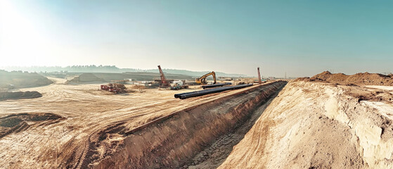Construction site featuring long horizontal oil and gas pipeline being laid in open pit under a clear sky, showcasing modern pipeline installation techniques